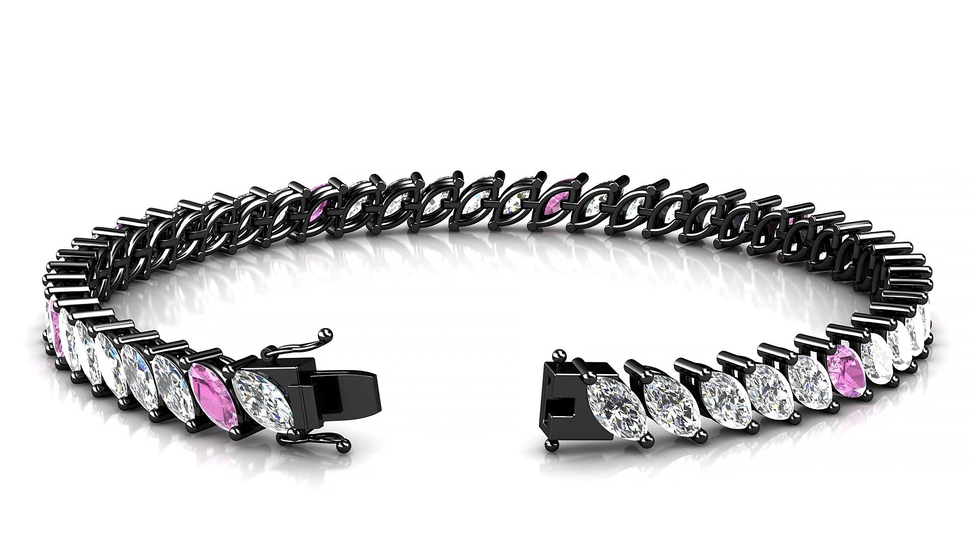Venezia 1-5 | 18k Black Gold 6 x 3 mm Marquise Natural Pink Sapphire & Diamond 18 cm Tennis Bracelet
