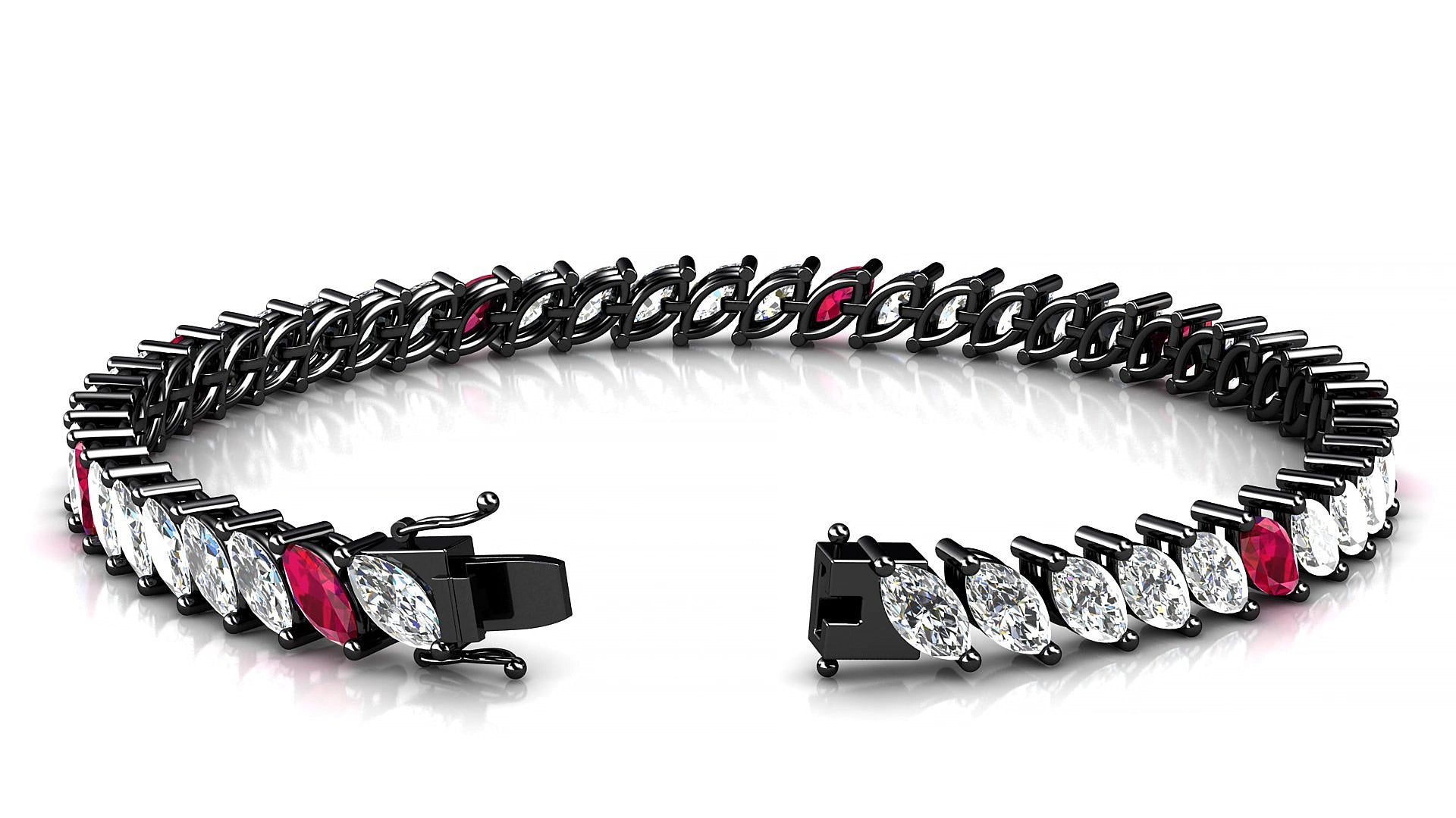 Venezia 1-5 | 18k Black Gold 6 x 3 mm Marquise Natural Ruby & Diamond 15 cm Tennis Bracelet