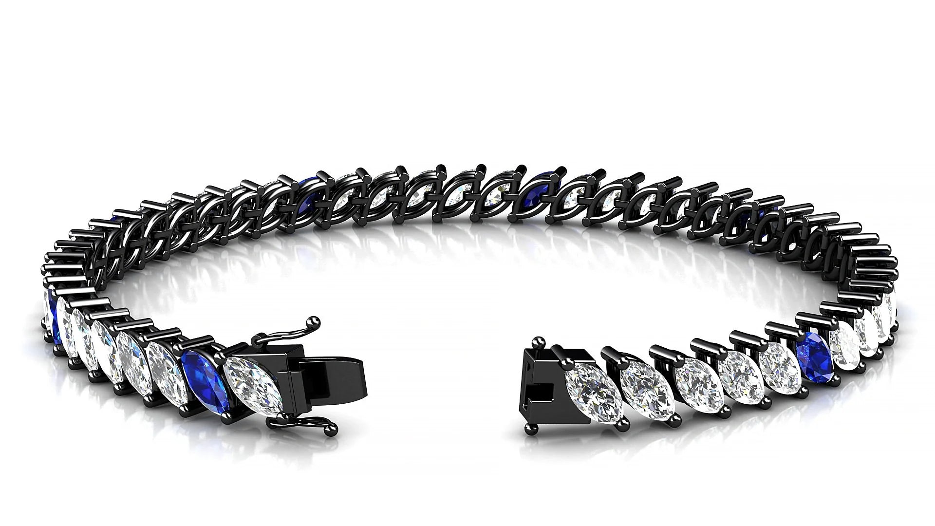 Venezia 1-5 | 18k Black Gold 6 x 3 mm Marquise Natural Sapphire & Diamond 18 cm Tennis Bracelet