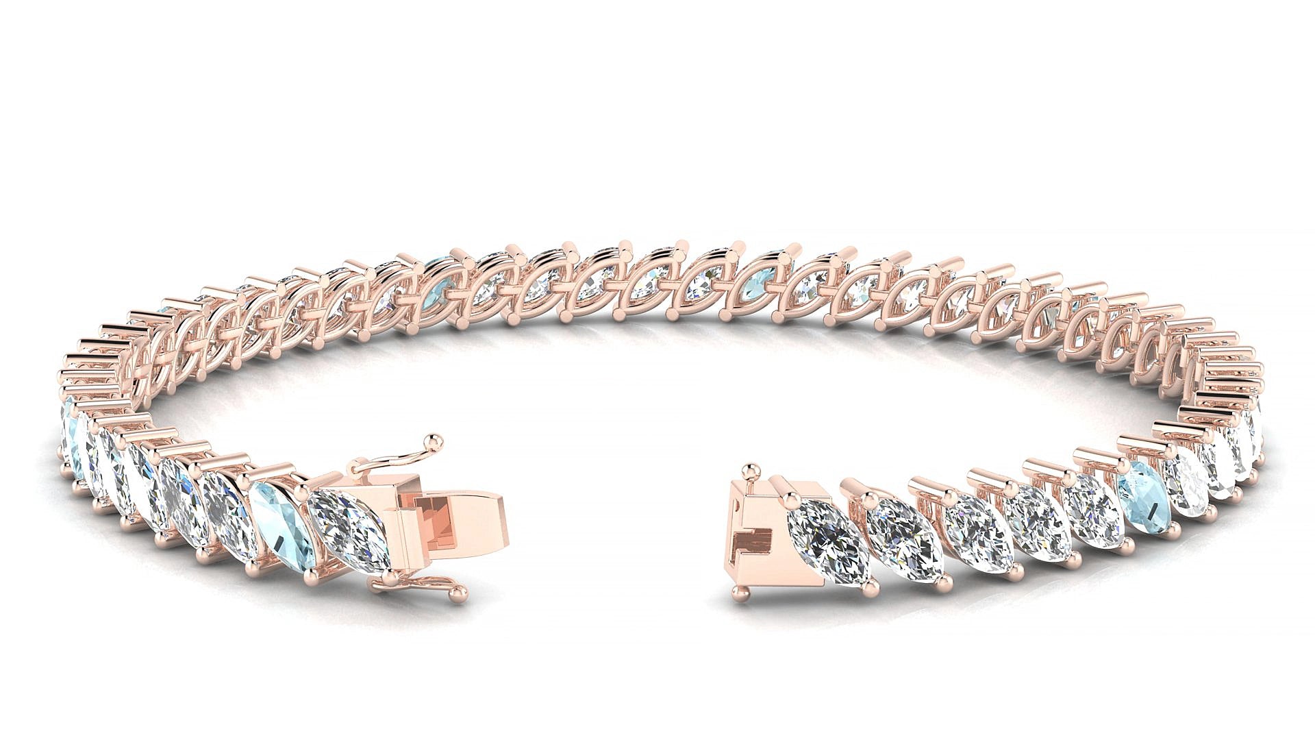 Venezia 1-5 | 18k Rose Gold 6 x 3 mm Marquise Natural Aquamarine & Diamond 15 cm Tennis Bracelet