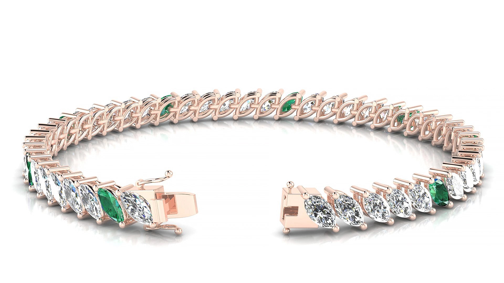 Venezia 1-5 | 18k Rose Gold 6 x 3 mm Marquise Natural Emerald & Diamond 15 cm Tennis Bracelet