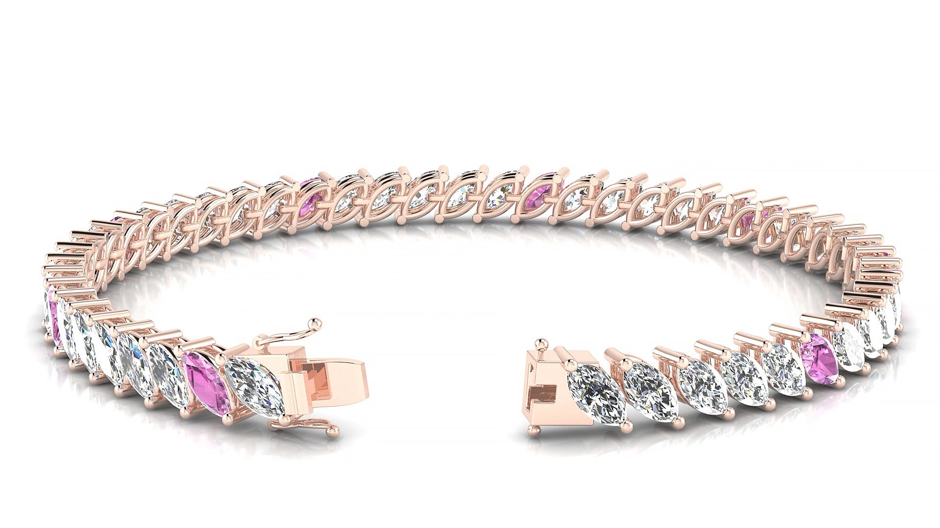 Venezia 1-5 | 18k Rose Gold 6 x 3 mm Marquise Natural Pink Sapphire & Diamond 18 cm Tennis Bracelet