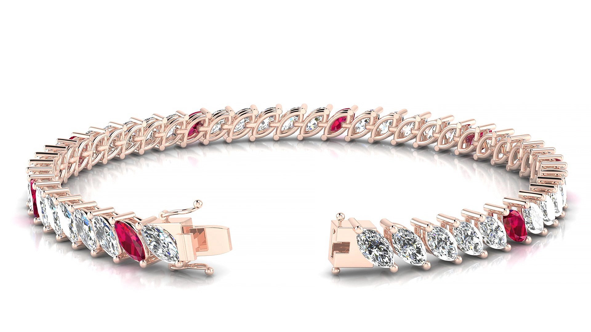 Venezia 1-5 | 18k Rose Gold 6 x 3 mm Marquise Natural Ruby & Diamond 19 cm Tennis Bracelet