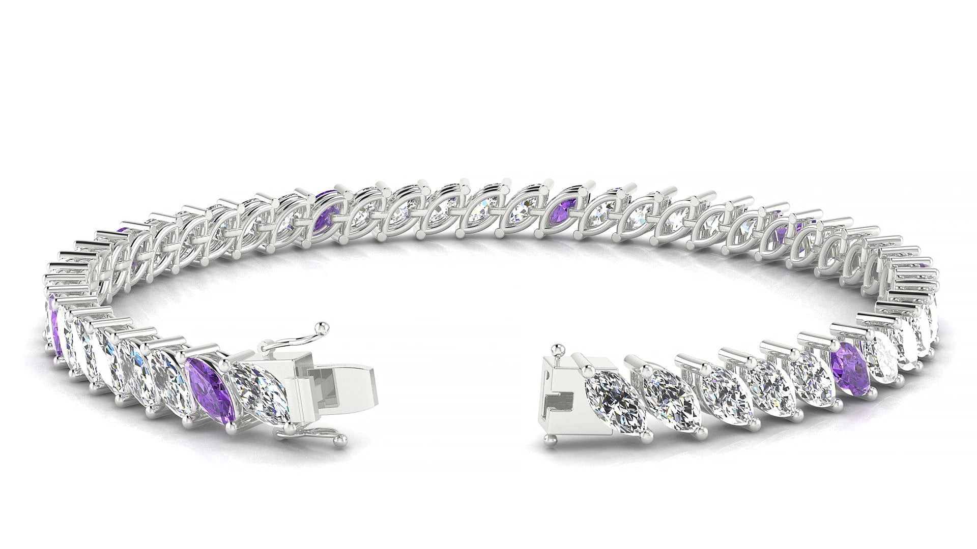 Venezia 1-5 | 18k White Gold 6 x 3 mm Marquise Natural Amethyst & Diamond 18 cm Tennis Bracelet