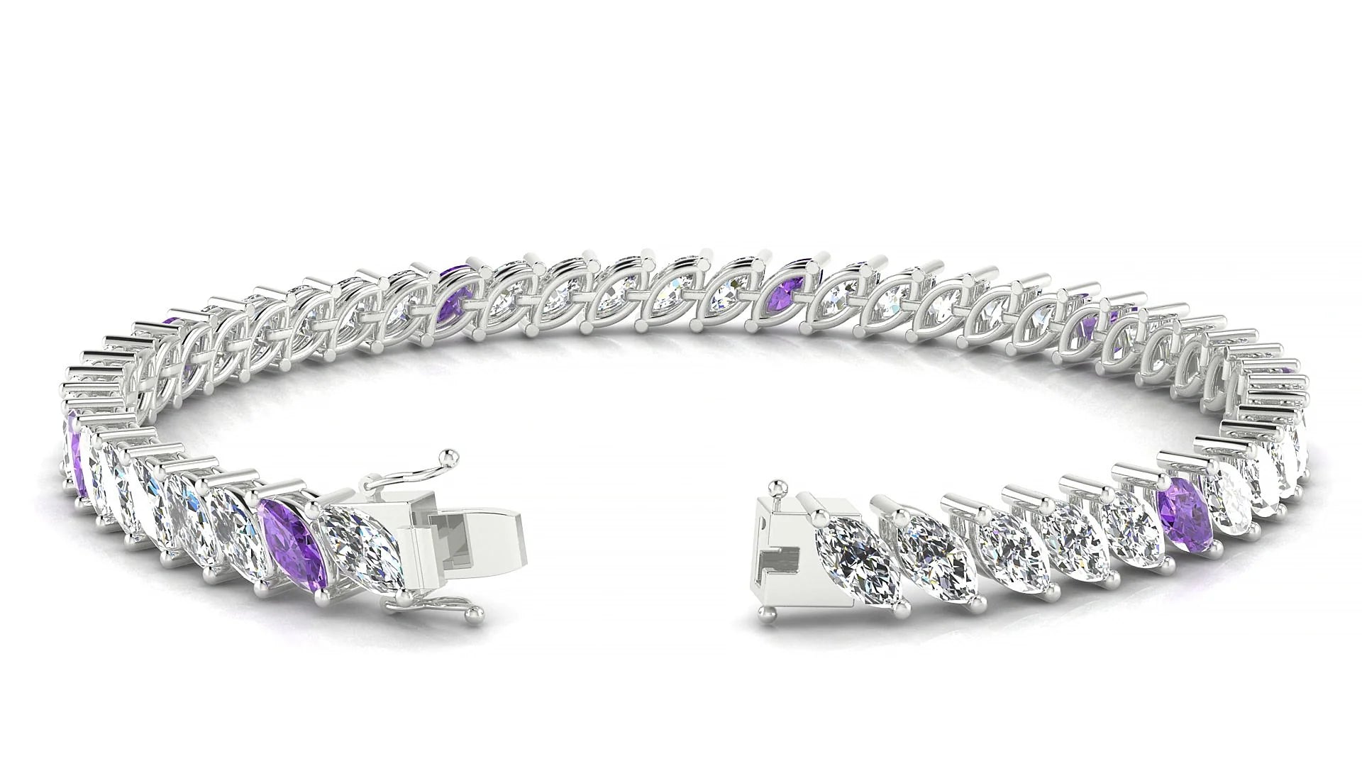 Venezia 1-5 | 18k White Gold 6 x 3 mm Marquise Natural Amethyst & Diamond Tennis Bracelet