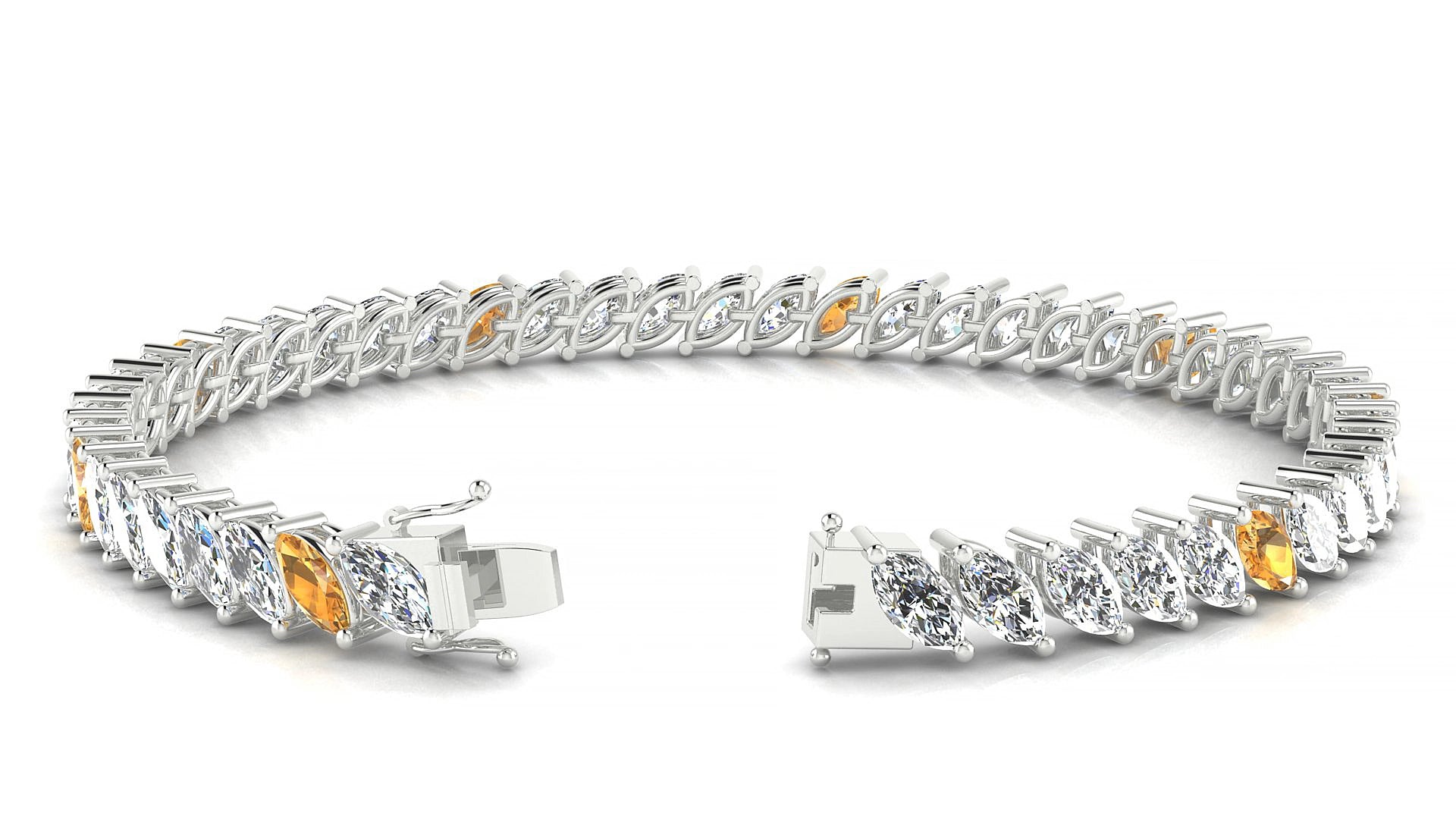 Venezia 1-5 | 18k White Gold 6 x 3 mm Marquise Natural Citrine & Diamond 20 cm Tennis Bracelet
