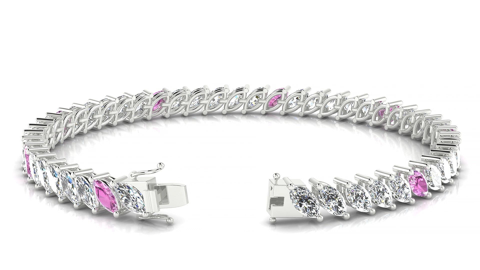 Venezia 1-5 | 18k White Gold 6 x 3 mm Marquise Natural Pink Sapphire & Diamond 17 cm Tennis Bracelet