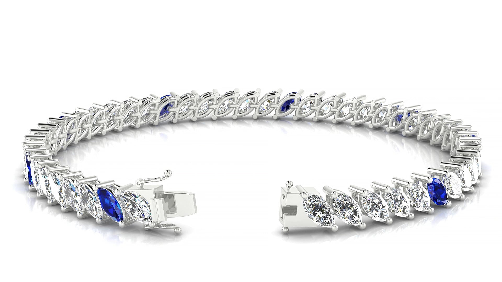 Venezia 1-5 | 18k White Gold 6 x 3 mm Marquise Natural Sapphire & Diamond 15 cm Tennis Bracelet