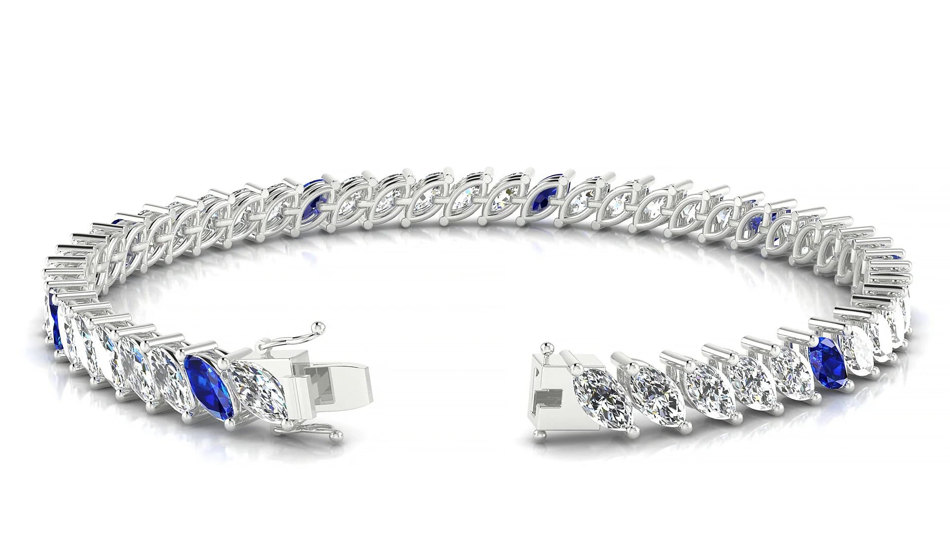 Venezia 1-5 | 18k White Gold 6 x 3 mm Marquise Natural Sapphire & Diamond 18 cm Tennis Bracelet