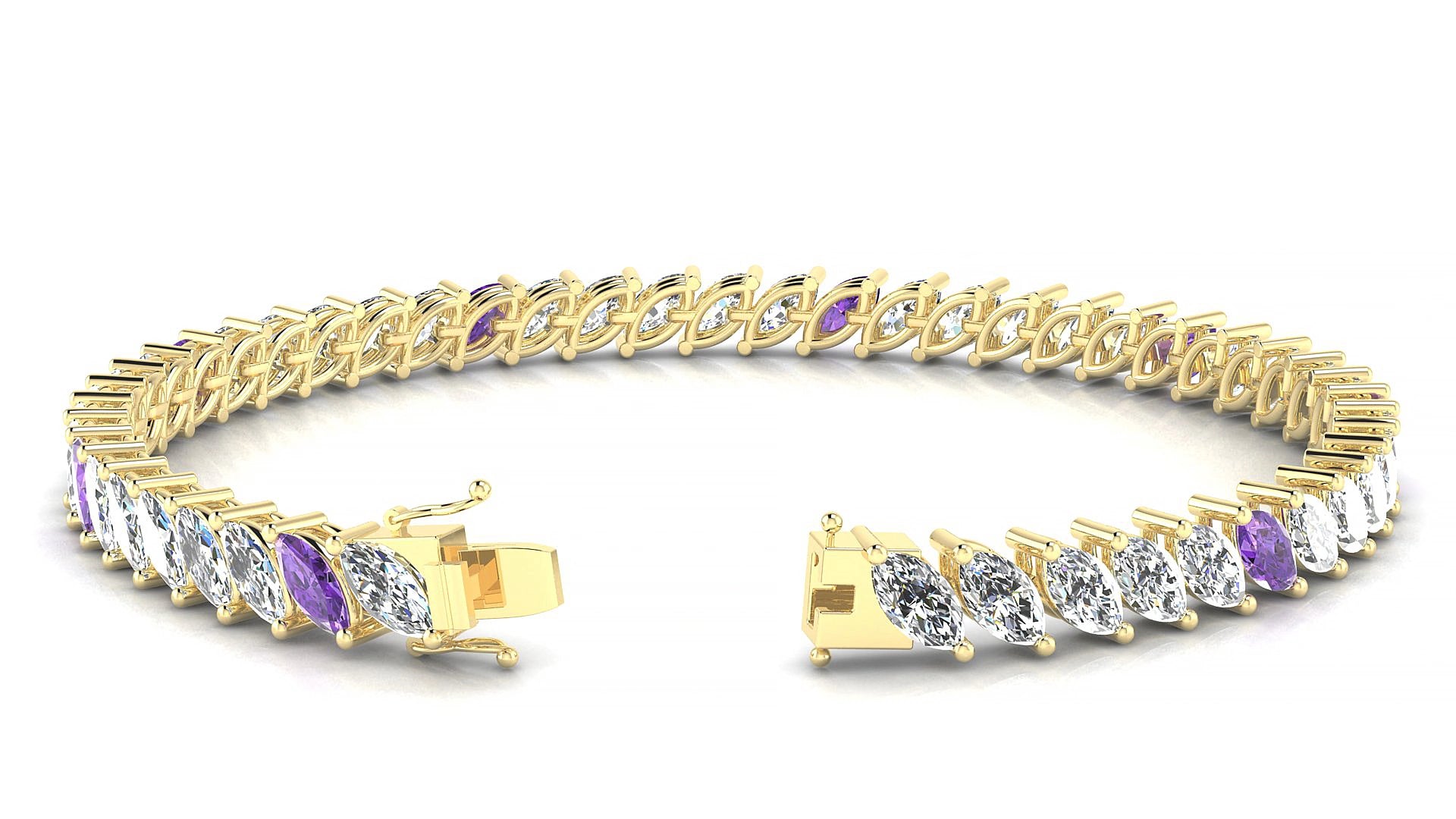 Venezia 1-5 | 18k Yellow Gold 6 x 3 mm Marquise Natural Amethyst & Diamond 15 cm Tennis Bracelet