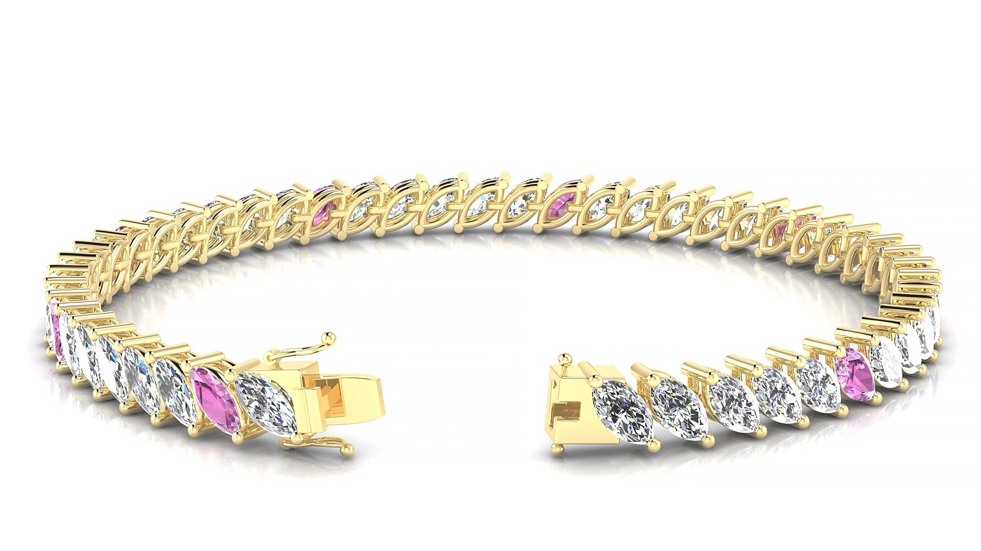 Venezia 1-5 | 18k Yellow Gold 6 x 3 mm Marquise Natural Pink Sapphire & Diamond 15 cm Tennis Bracelet