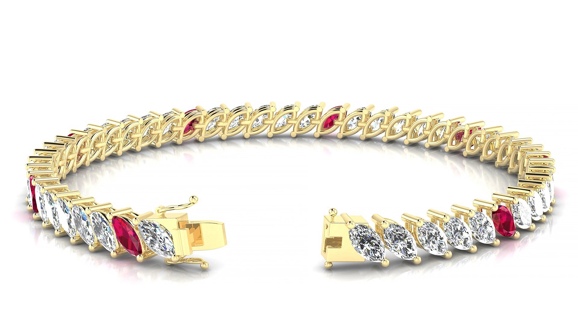 Venezia 1-5 | 18k Yellow Gold 6 x 3 mm Marquise Natural Ruby & Diamond 18 cm Tennis Bracelet