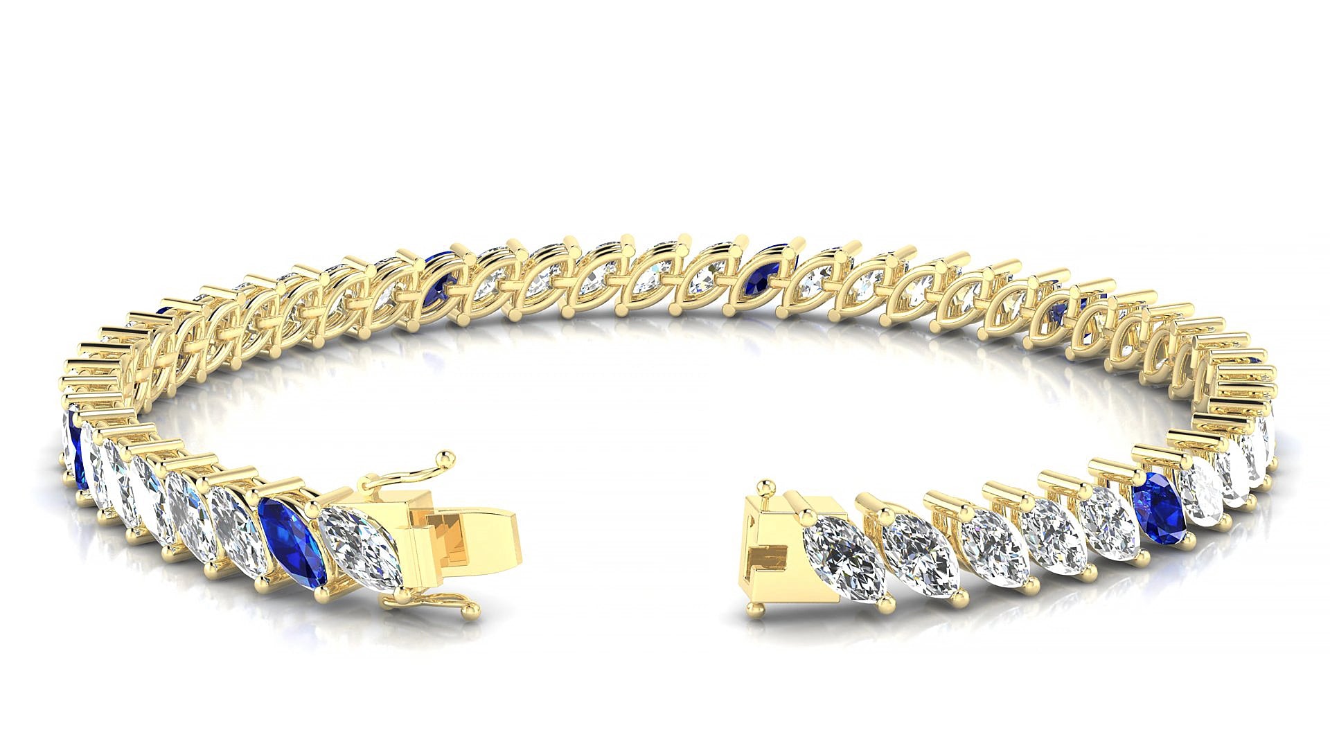 Venezia 1-5 | 18k Yellow Gold 6 x 3 mm Marquise Natural Sapphire & Diamond 17 cm Tennis Bracelet