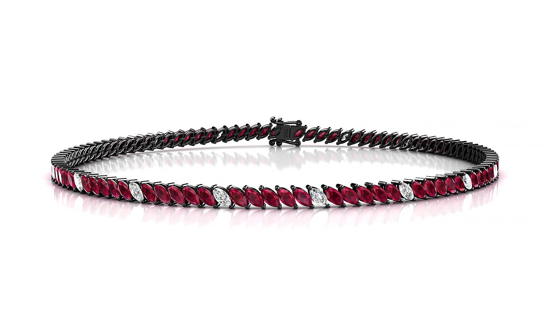 Venezia 5-1 | 18k Black Gold 3 x 1.5 mm Marquise Natural Ruby & Diamond 15 cm Tennis Bracelet