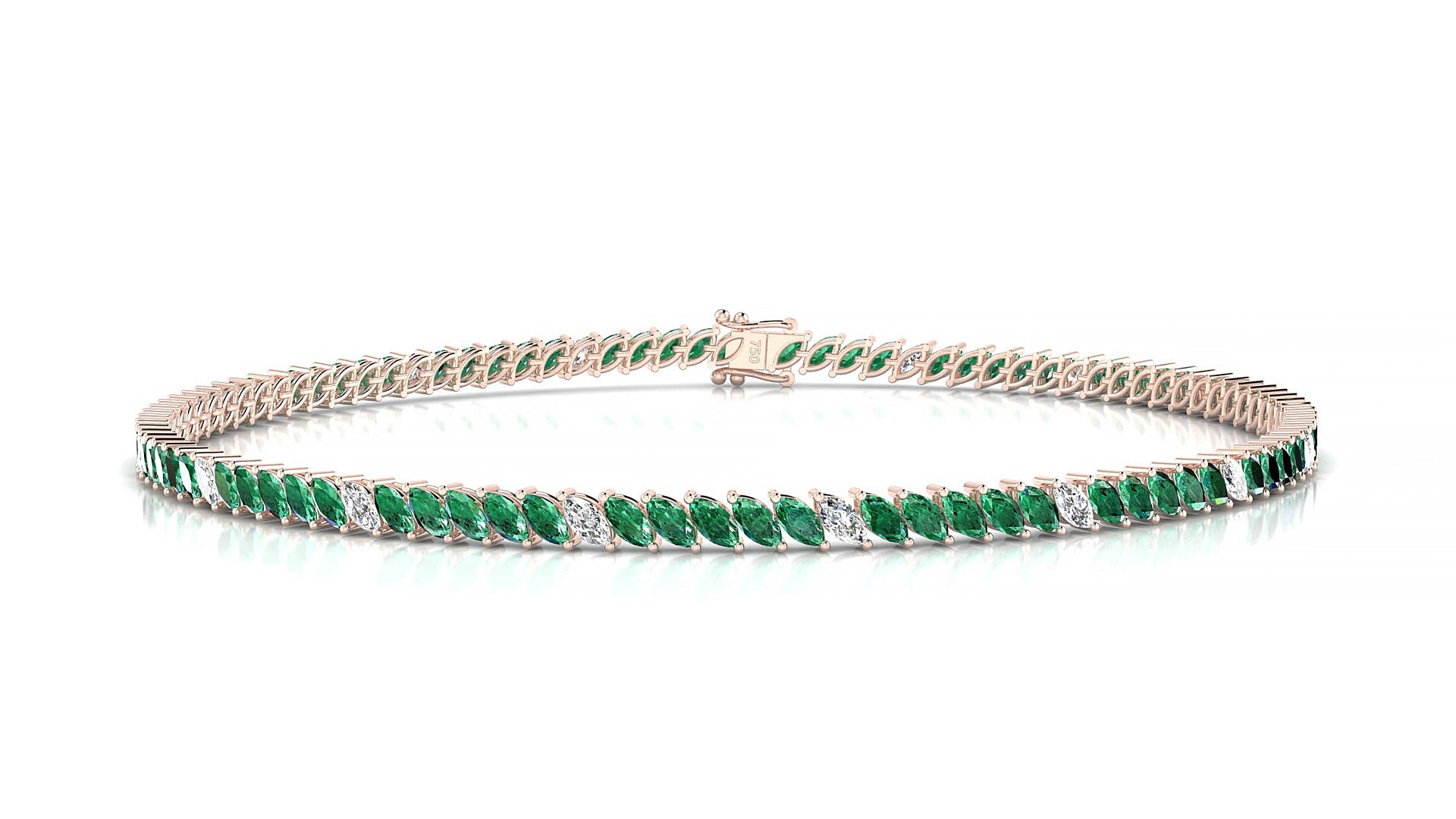 Venezia 5-1 | 18k Rose Gold 3 x 1.5 mm Marquise Natural Emerald & Diamond 15 cm Tennis Bracelet