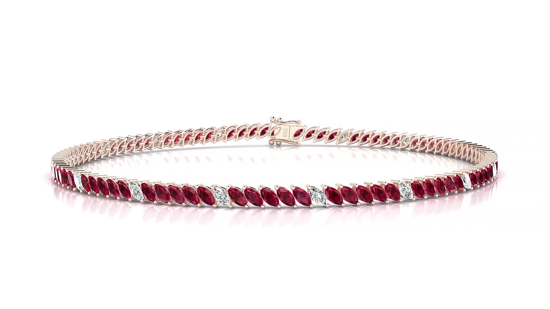 Venezia 5-1 | 18k Rose Gold 3 x 1.5 mm Marquise Natural Ruby & Diamond 18 cm Tennis Bracelet