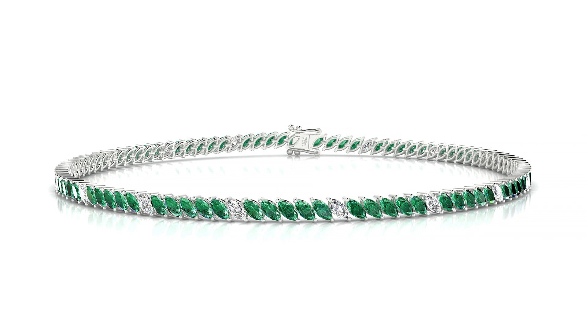 Venezia 5-1 | 18k White Gold 3 x 1.5 mm Marquise Natural Emerald & Diamond 17 cm Tennis Bracelet