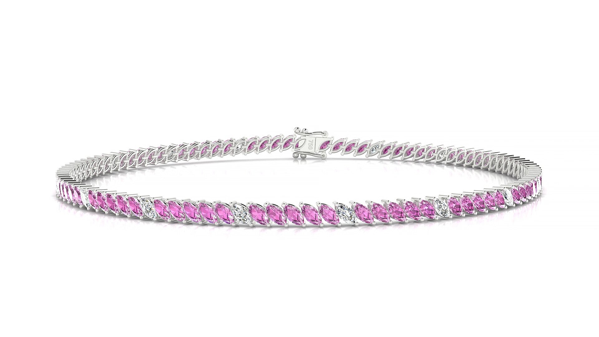 Venezia 5-1 | 18k White Gold 3 x 1.5 mm Marquise Natural Pink Sapphire & Diamond 15 cm Tennis Bracelet