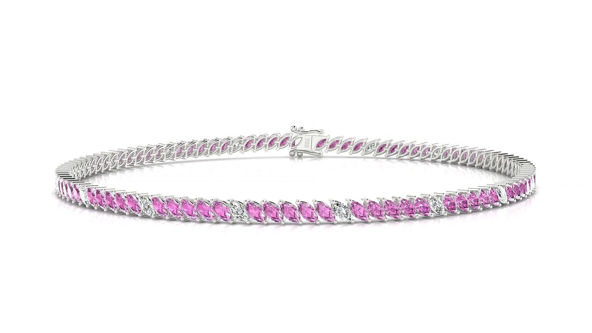 Venezia 5-1 | 18k White Gold 3 x 1.5 mm Marquise Natural Pink Sapphire & Diamond 18 cm Tennis Bracelet