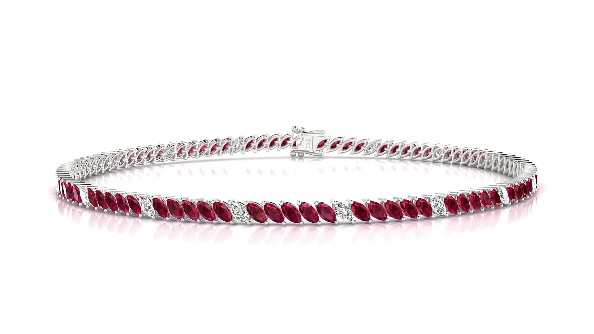 Venezia 5-1 | 18k White Gold 3 x 1.5 mm Marquise Natural Ruby & Diamond 15 cm Tennis Bracelet
