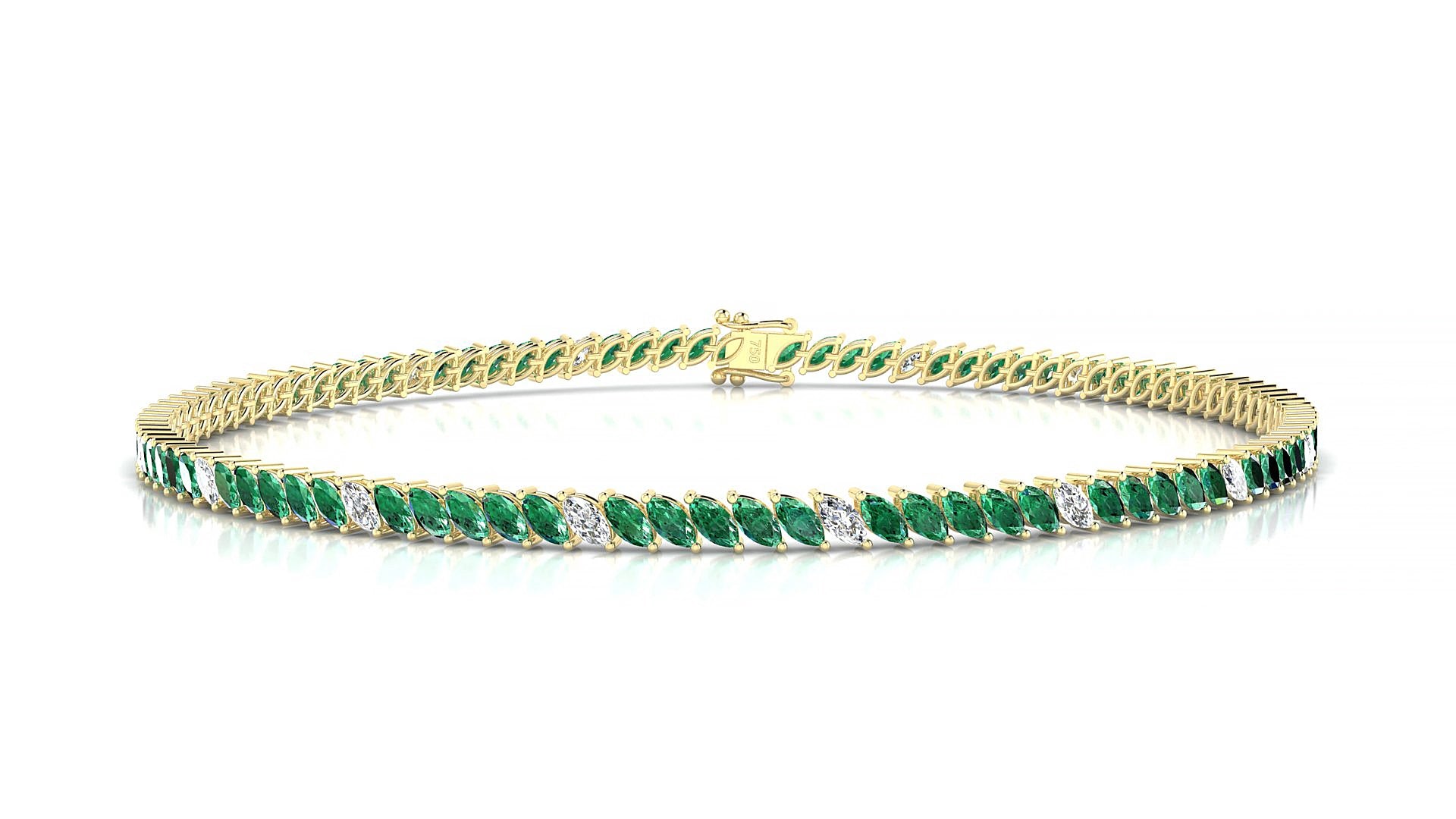 Venezia 5-1 | 18k Yellow Gold 3 x 1.5 mm Marquise Natural Emerald & Diamond 17 cm Tennis Bracelet