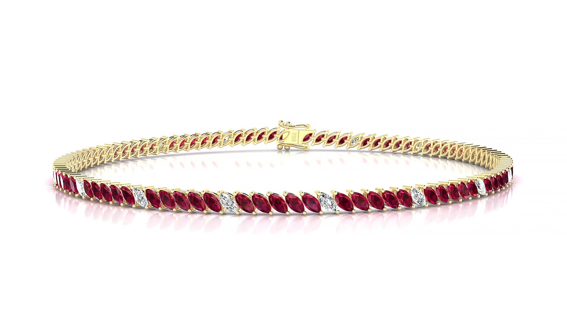 Venezia 5-1 | 18k Yellow Gold 3 x 1.5 mm Marquise Natural Ruby & Diamond 20 cm Tennis Bracelet