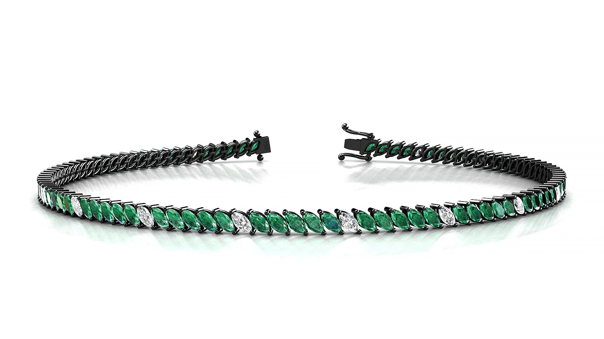 Venezia 5-1 | 18k Black Gold 3 x 1.5 mm Marquise Natural Emerald & Diamond 19 cm Tennis Bracelet
