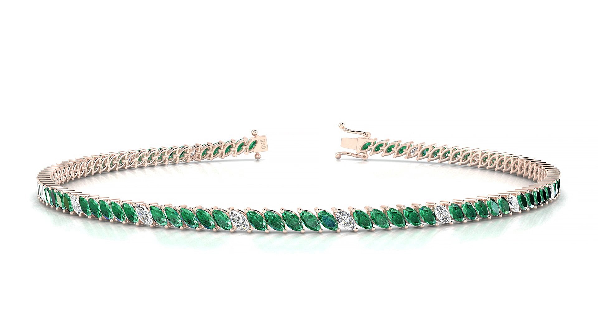 Venezia 5-1 | 18k Rose Gold 3 x 1.5 mm Marquise Natural Emerald & Diamond 15 cm Tennis Bracelet