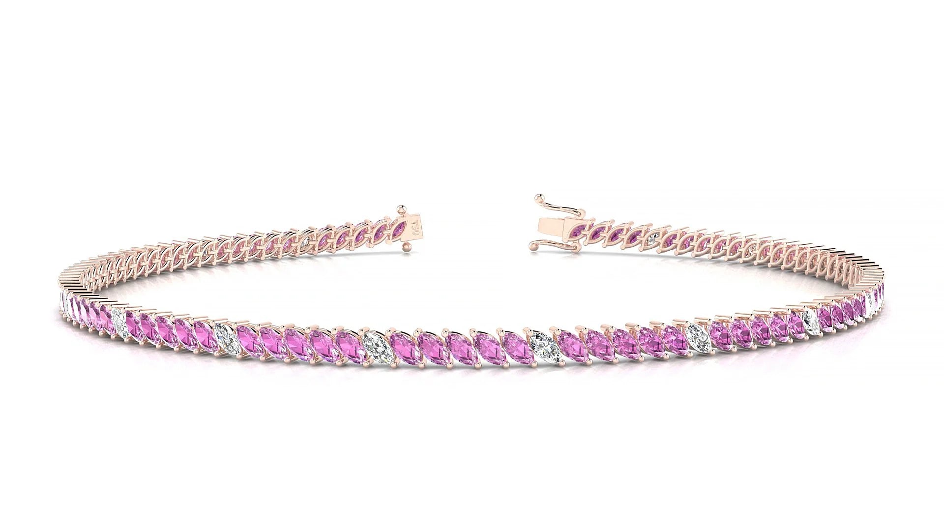 Venezia 5-1 | 18k Rose Gold 3 x 1.5 mm Marquise Natural Pink Sapphire & Diamond 18 cm Tennis Bracelet