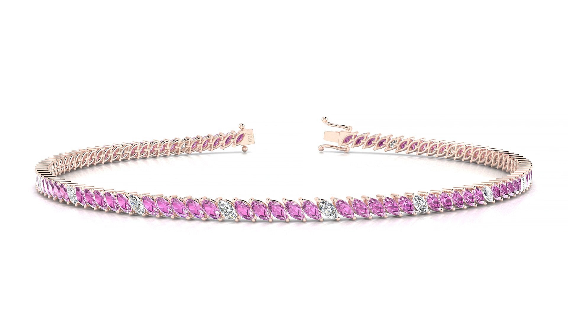 Venezia 5-1 | 18k Rose Gold 3 x 1.5 mm Marquise Natural Pink Sapphire & Diamond 19 cm Tennis Bracelet