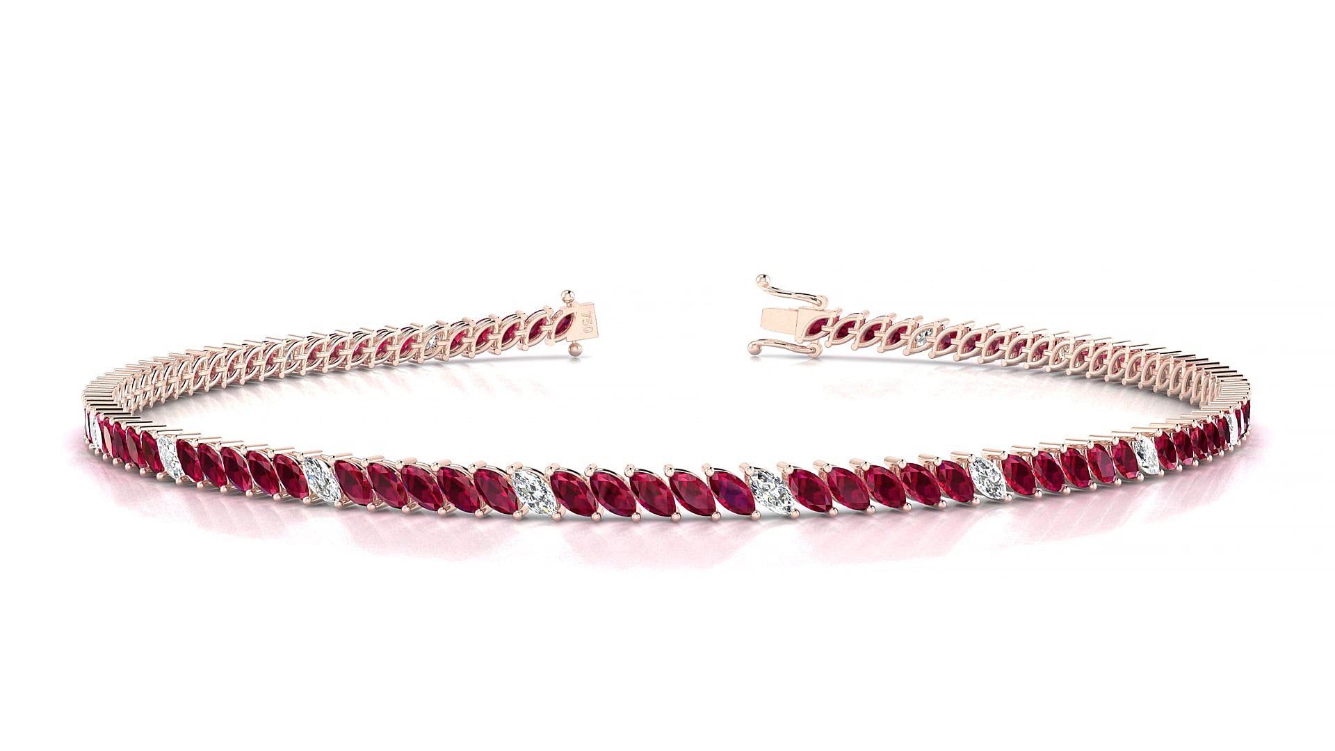 Venezia 5-1 | 18k Rose Gold 3 x 1.5 mm Marquise Natural Ruby & Diamond 15 cm Tennis Bracelet
