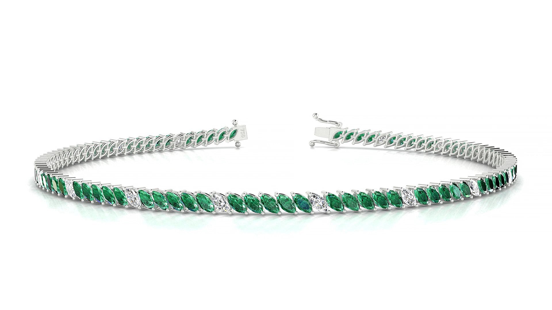 Venezia 5-1 | 18k White Gold 3 x 1.5 mm Marquise Natural Emerald & Diamond 15 cm Tennis Bracelet