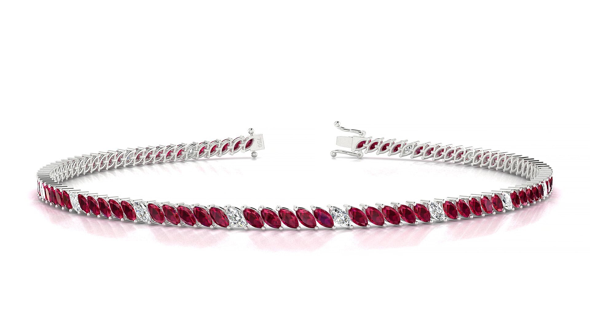 Venezia 5-1 | 18k White Gold 3 x 1.5 mm Marquise Natural Ruby & Diamond 19 cm Tennis Bracelet