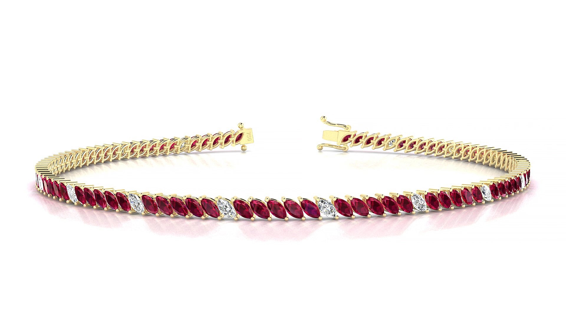 Venezia 5-1 | 18k Yellow Gold 3 x 1.5 mm Marquise Natural Ruby & Diamond 15 cm Tennis Bracelet