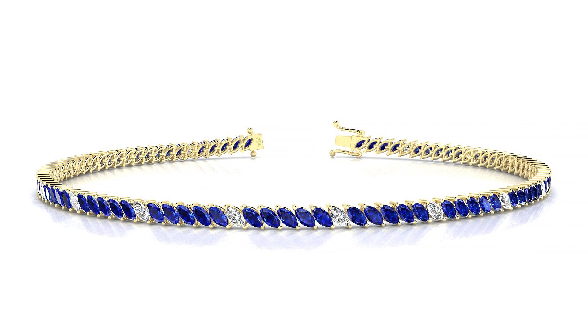 Venezia 5-1 | 18k Yellow Gold 3 x 1.5 mm Marquise Natural Sapphire & Diamond 17 cm Tennis Bracelet