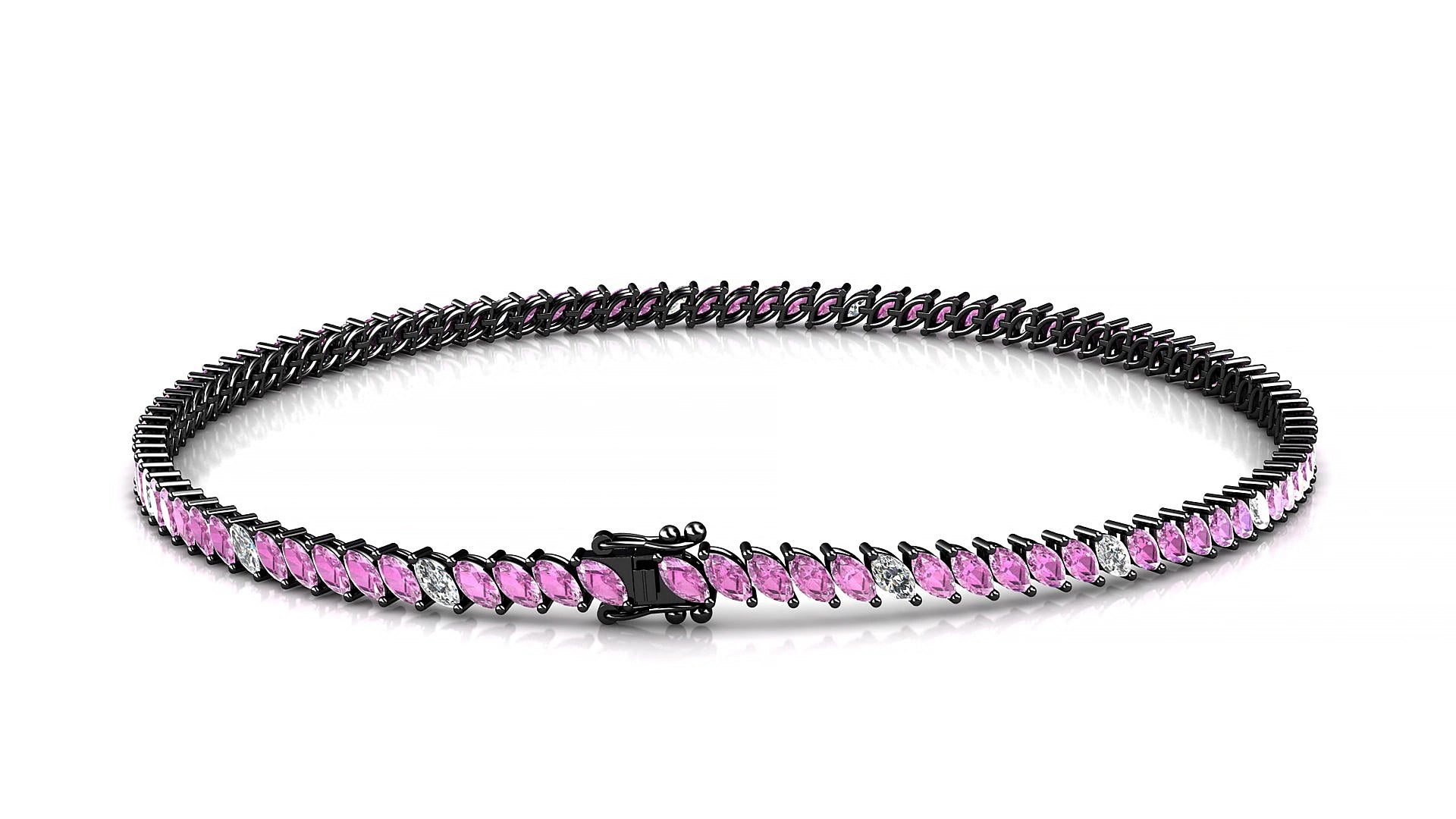 Venezia 5-1 | 18k Black Gold 3 x 1.5 mm Marquise Natural Pink Sapphire & Diamond 16 cm Tennis Bracelet