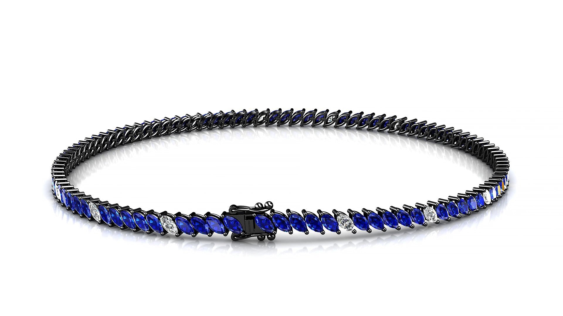 Venezia 5-1 | 18k Black Gold 3 x 1.5 mm Marquise Natural Sapphire & Diamond 16 cm Tennis Bracelet