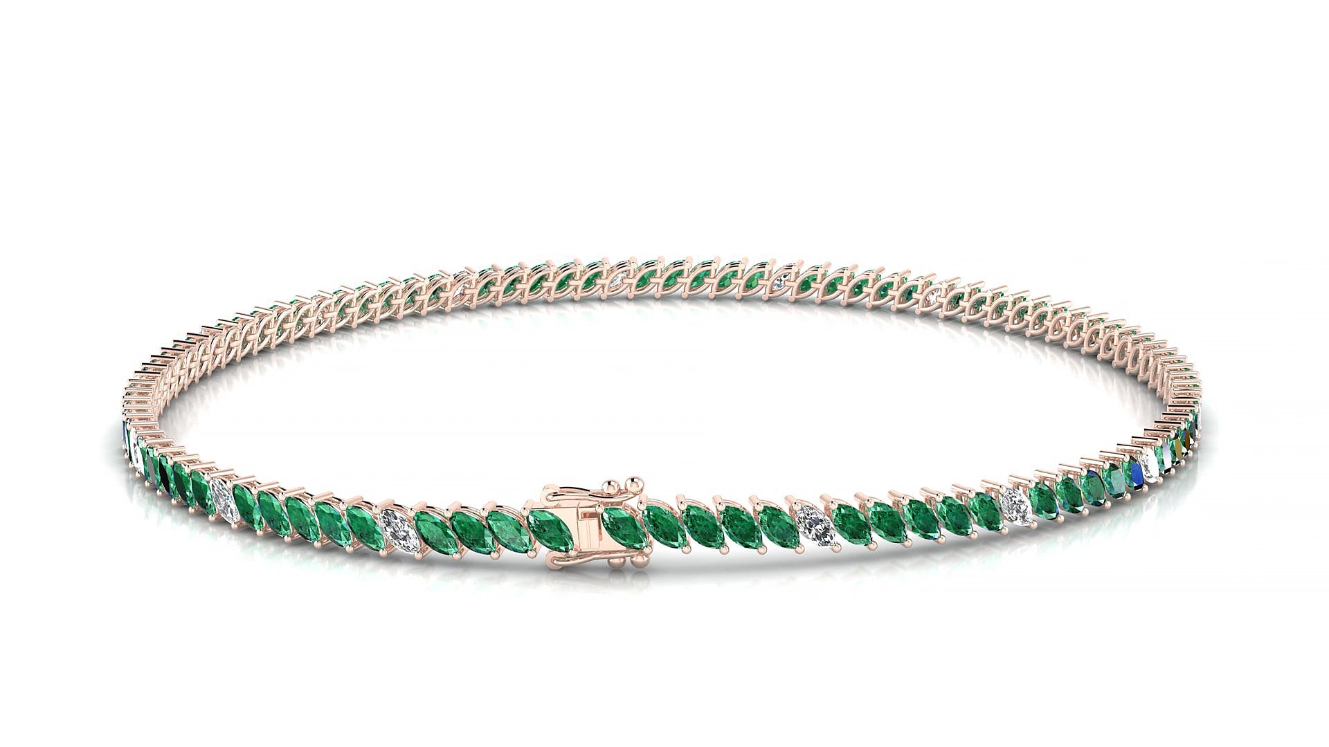 Venezia 5-1 | 18k Rose Gold 3 x 1.5 mm Marquise Natural Emerald & Diamond 15 cm Tennis Bracelet
