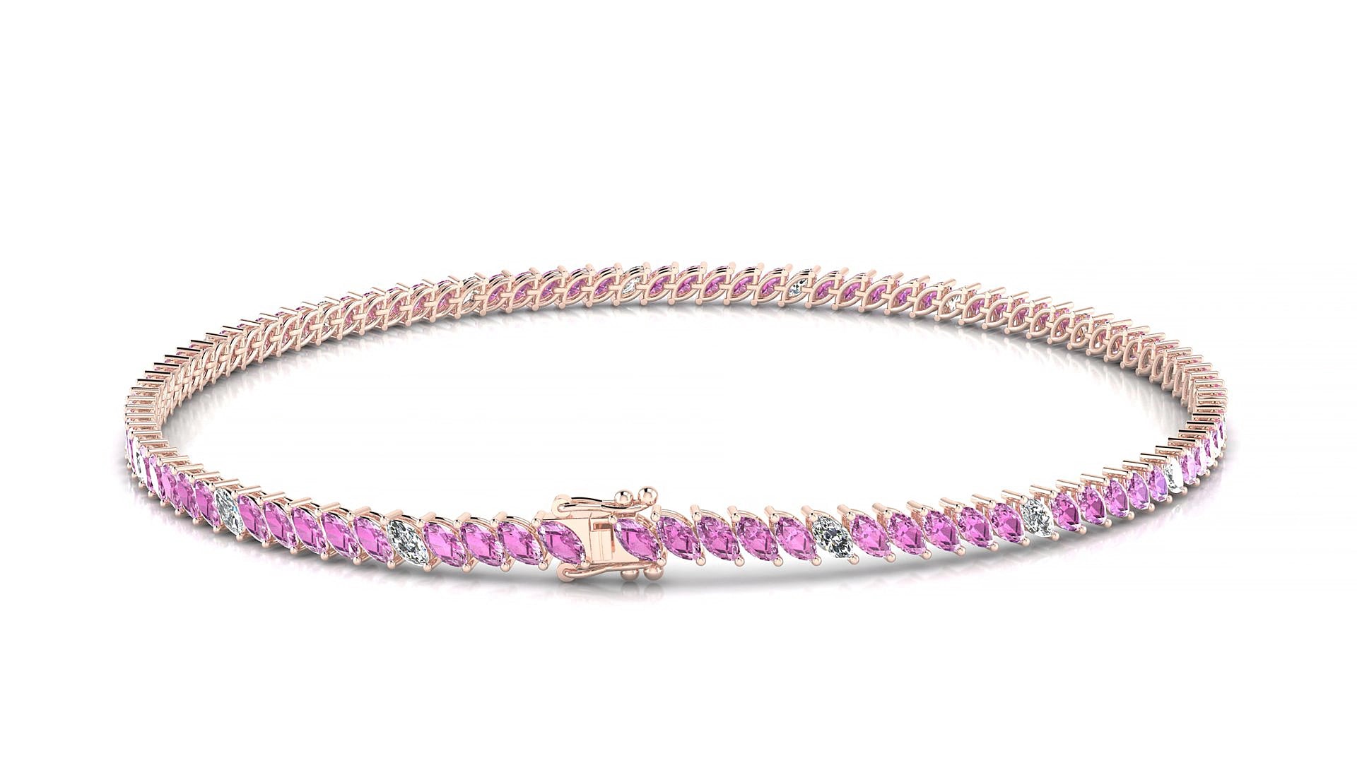 Venezia 5-1 | 18k Rose Gold 3 x 1.5 mm Marquise Natural Pink Sapphire & Diamond 15 cm Tennis Bracelet