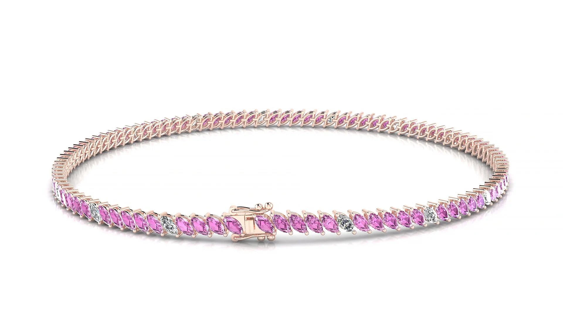 Venezia 5-1 | 18k Rose Gold 3 x 1.5 mm Marquise Natural Pink Sapphire & Diamond 18 cm Tennis Bracelet