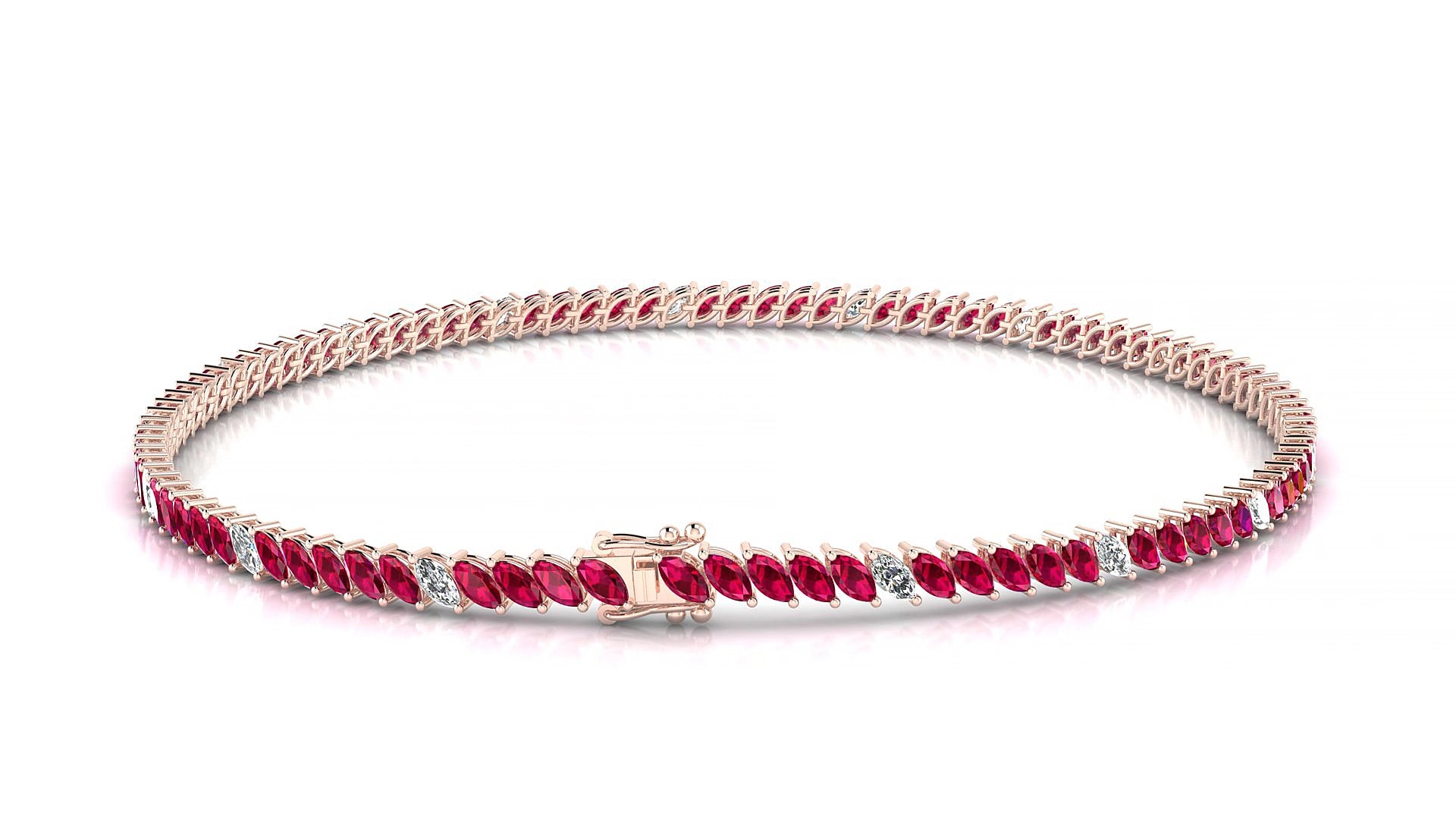 Venezia 5-1 | 18k Rose Gold 3 x 1.5 mm Marquise Natural Ruby & Diamond 19 cm Tennis Bracelet