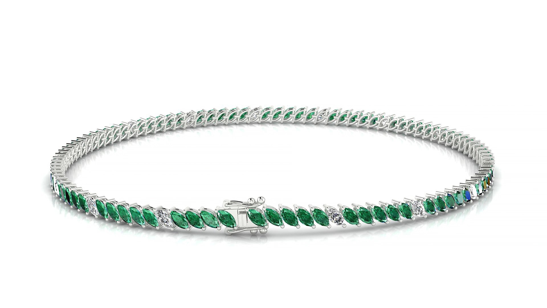 Venezia 5-1 | 18k White Gold 3 x 1.5 mm Marquise Natural Emerald & Diamond 15 cm Tennis Bracelet