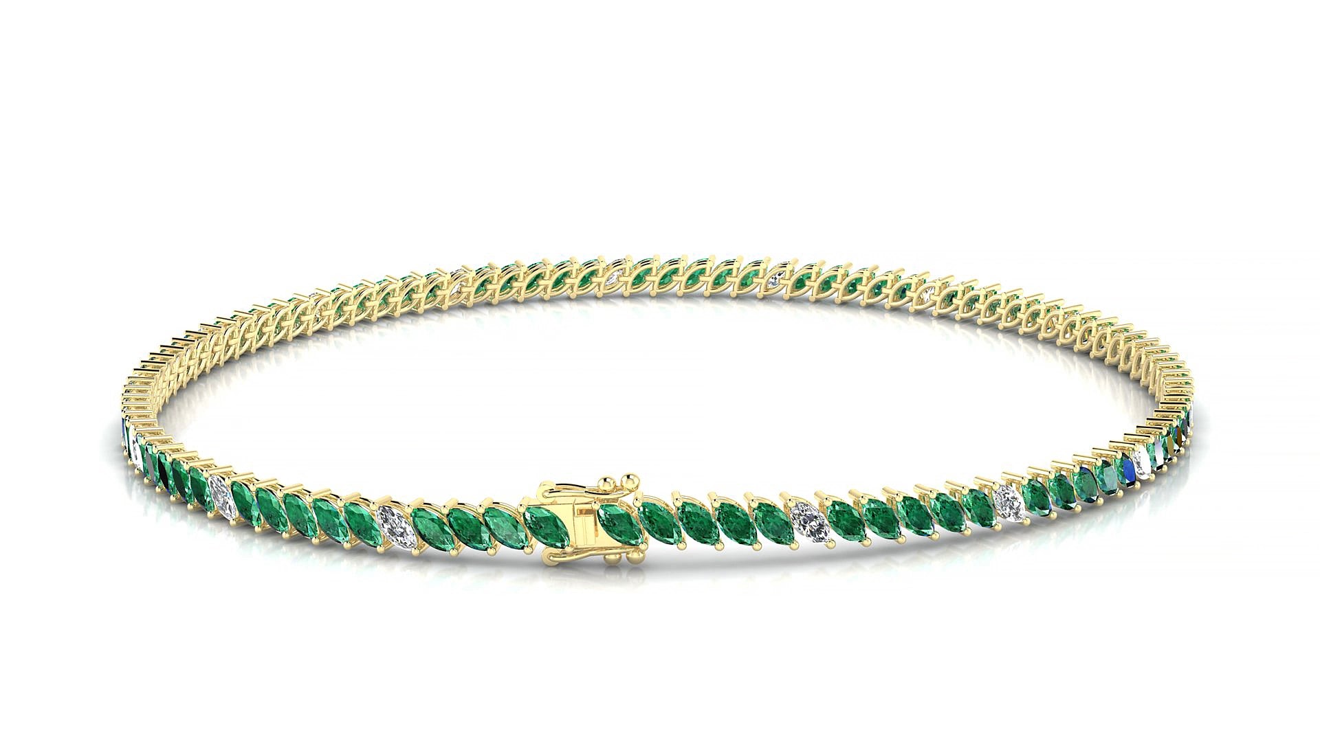 Venezia 5-1 | 18k Yellow Gold 3 x 1.5 mm Marquise Natural Emerald & Diamond 17 cm Tennis Bracelet