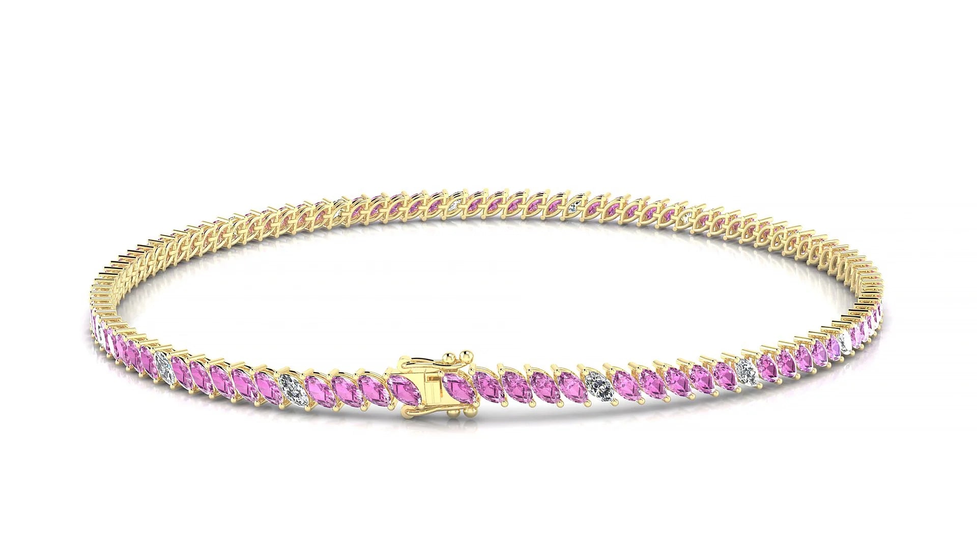 Venezia 5-1 | 18k Yellow Gold 3 x 1.5 mm Marquise Natural Pink Sapphire & Diamond 18 cm Tennis Bracelet