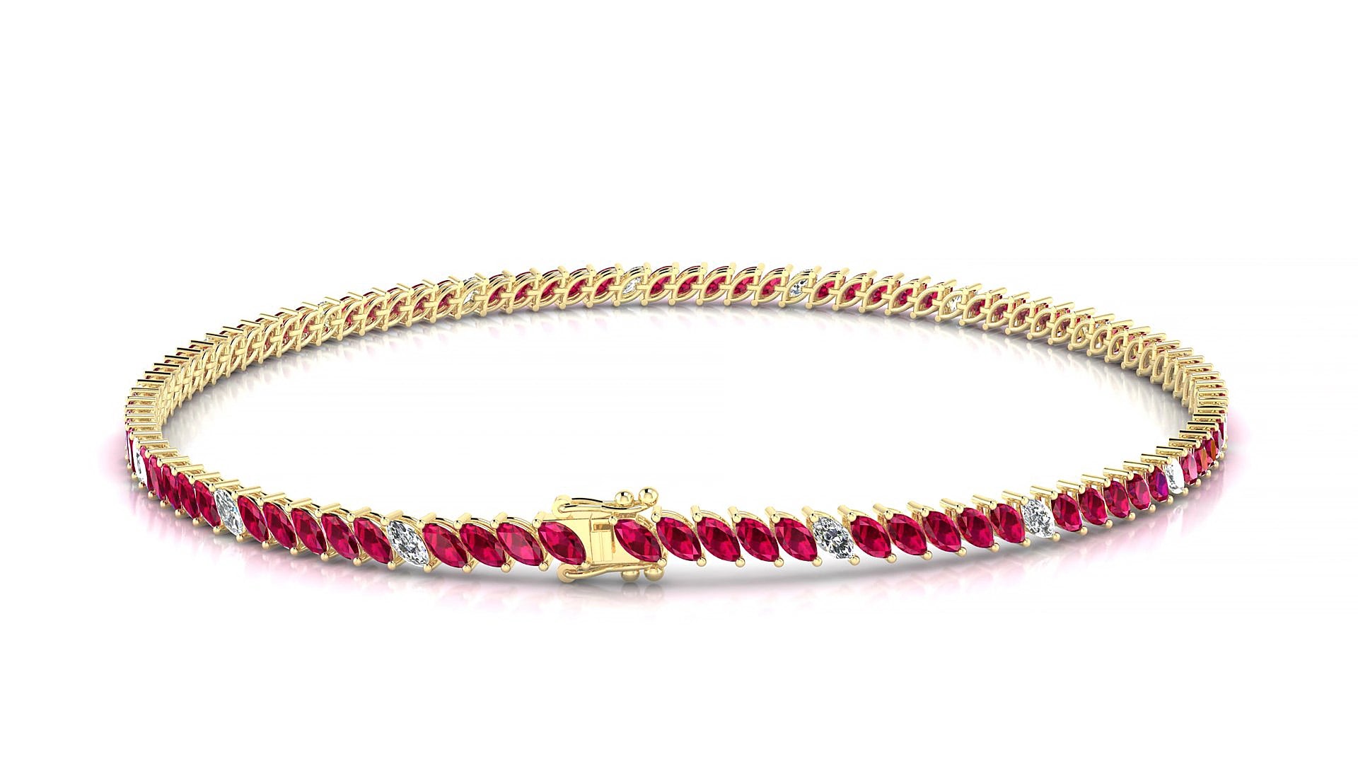 Venezia 5-1 | 18k Yellow Gold 3 x 1.5 mm Marquise Natural Ruby & Diamond 15 cm Tennis Bracelet
