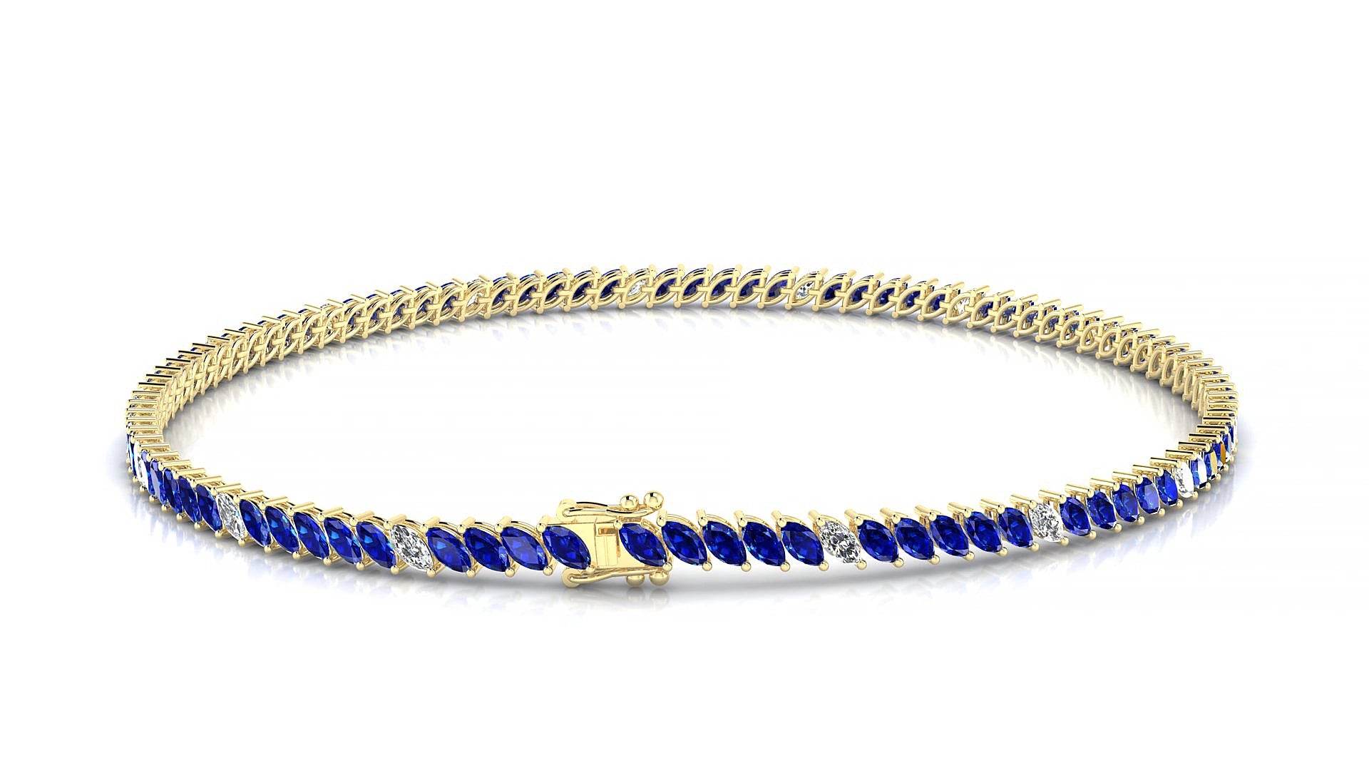 Venezia 5-1 | 18k Yellow Gold 3 x 1.5 mm Marquise Natural Sapphire & Diamond 17 cm Tennis Bracelet