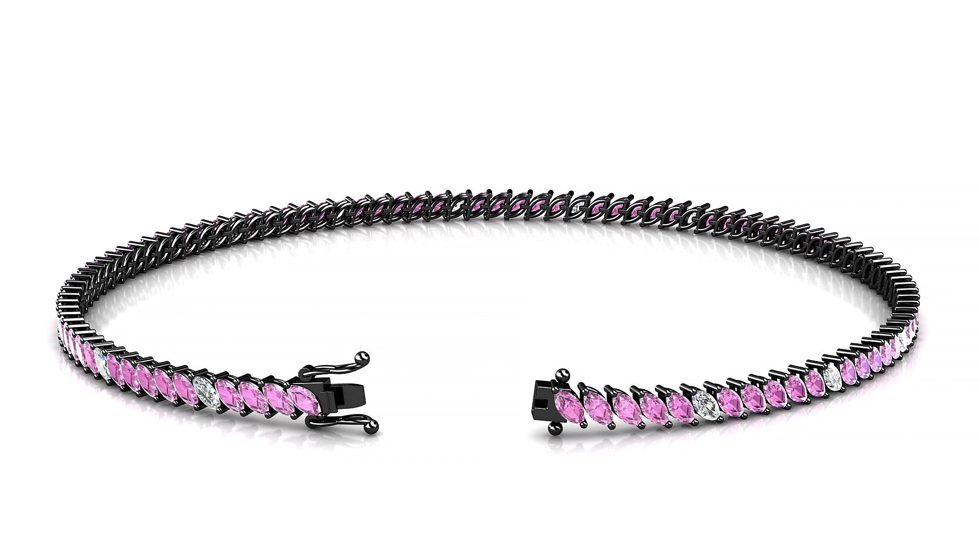 Venezia 5-1 | 18k Black Gold 3 x 1.5 mm Marquise Natural Pink Sapphire & Diamond 15 cm Tennis Bracelet