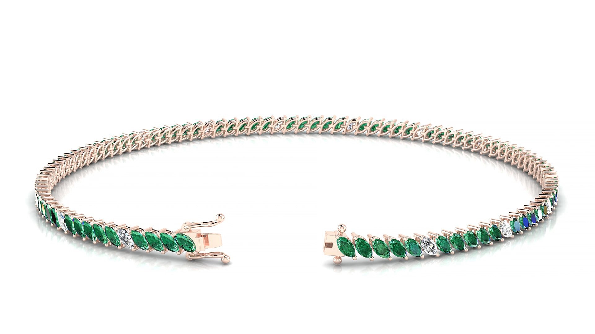 Venezia 5-1 | 18k Rose Gold 3 x 1.5 mm Marquise Natural Emerald & Diamond 15 cm Tennis Bracelet