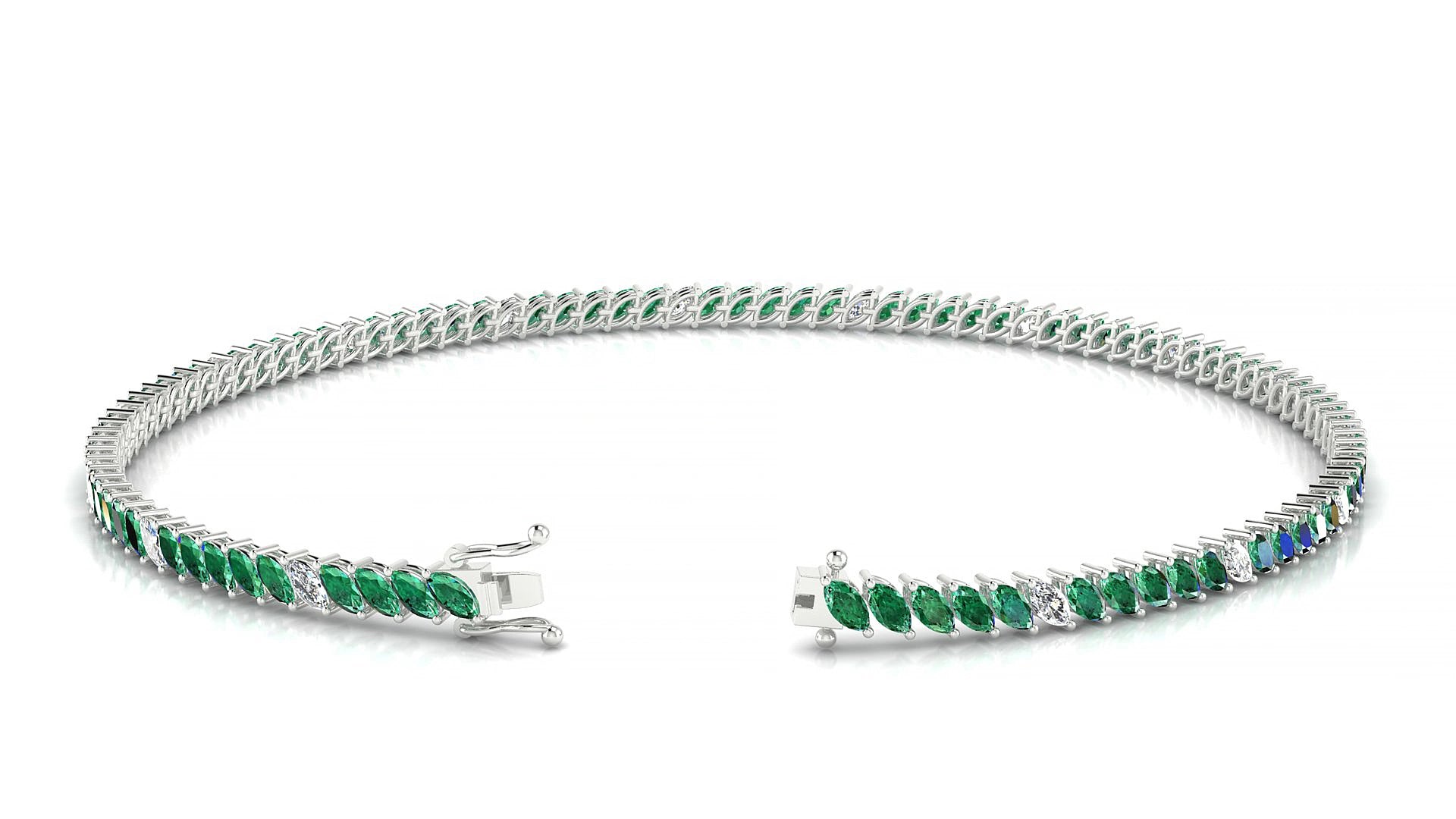 Venezia 5-1 | 18k White Gold 3 x 1.5 mm Marquise Natural Emerald & Diamond 15 cm Tennis Bracelet