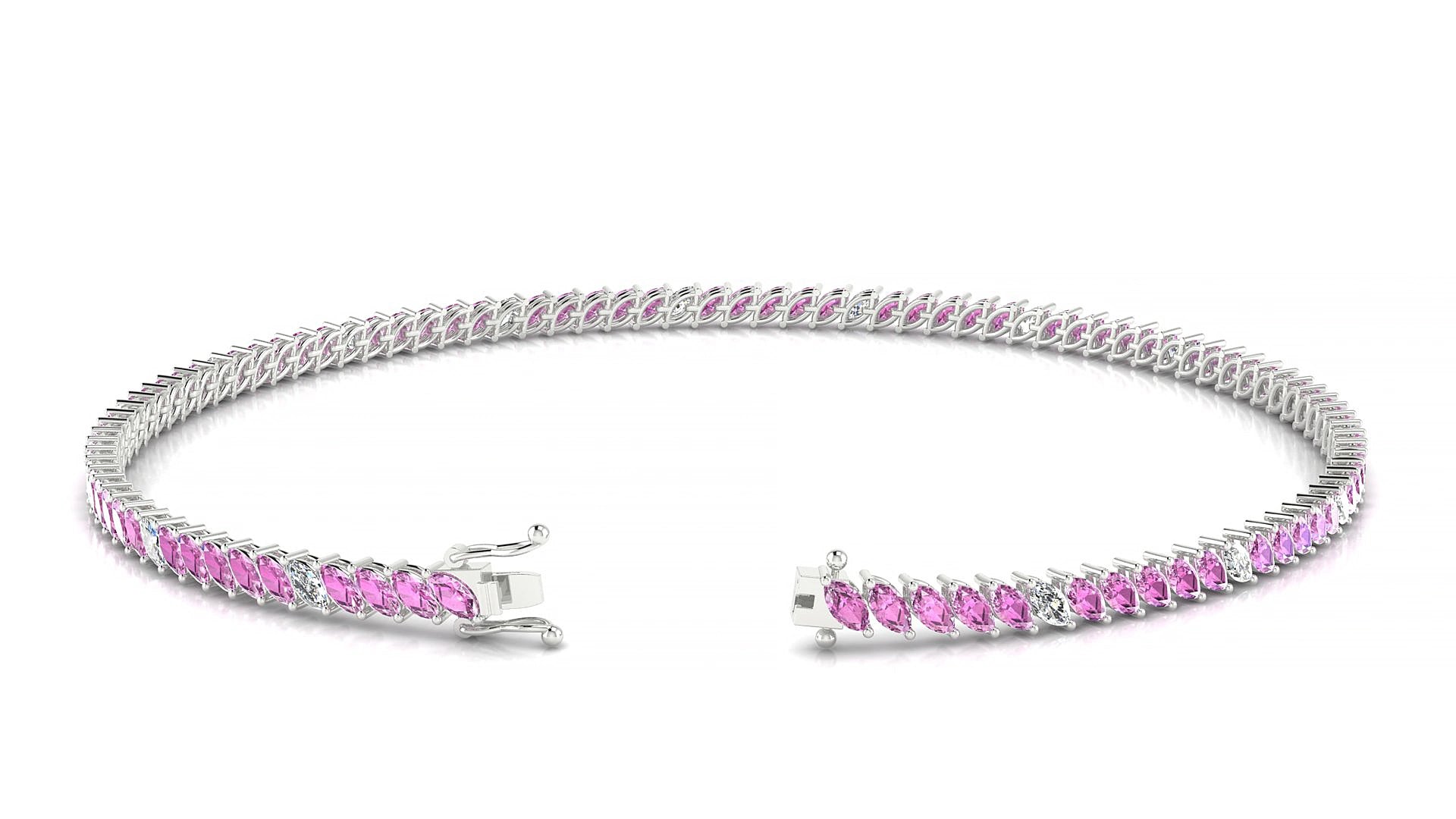 Venezia 5-1 | 18k White Gold 3 x 1.5 mm Marquise Natural Pink Sapphire & Diamond 19 cm Tennis Bracelet